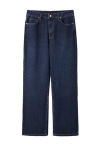 Jean denim bleu foncé à jambes droites avec poches avant, passants de ceinture et fermeture par bouton à la taille.