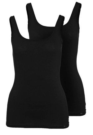 Black tank tops, made of soft fabric, feature a fitted design with wide straps and a rounded neckline. Two units in the set.