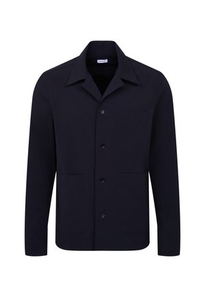 Veste noire à manches longues avec boutons, col et trois poches avant, présentée sur fond blanc.