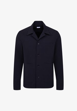 Veste noire à manches longues avec boutons, col et trois poches avant, présentée sur fond blanc.