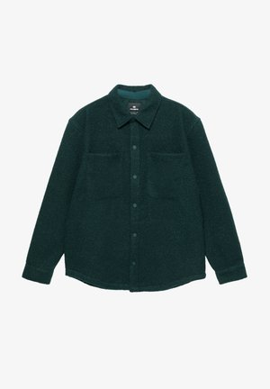 Dunkelgrüne Fleece-Hemdenjacke mit langen Ärmeln, Knopfverschluss, spitzem Kragen und zwei Brusttaschen. Weiche Textur und lockere Passform.