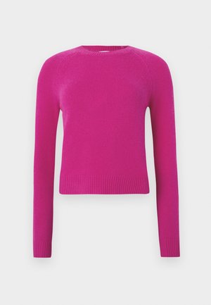 Pull en tricot fuchsia avec des manches longues et un col rond. Présente des poignets et un ourlet côtelés, mettant en avant une texture lisse avec une silhouette ajustée.