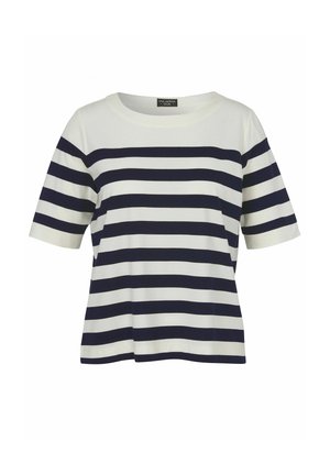 White short-sleeve shirt with wide navy blue horizontal stripes and a round neckline, labeled "VIA APPIA DUE."