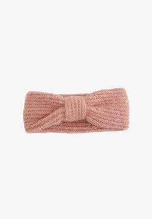 Bandeau en tricot rose doux avec un détail central torsadé, conçu pour la chaleur et le style. Idéal pour les accessoires par temps frais.