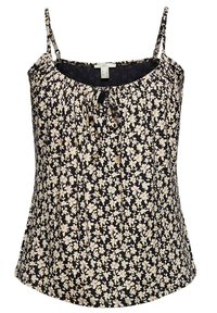 Camisole florale noire avec de petites fleurs blanches et jaunes. Tissu léger, bretelles spaghetti réglables et encolure froncée.