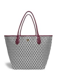Tote bag featuring a geometric pattern in black and white, with burgundy leather handles and accents, made of durable woven material.