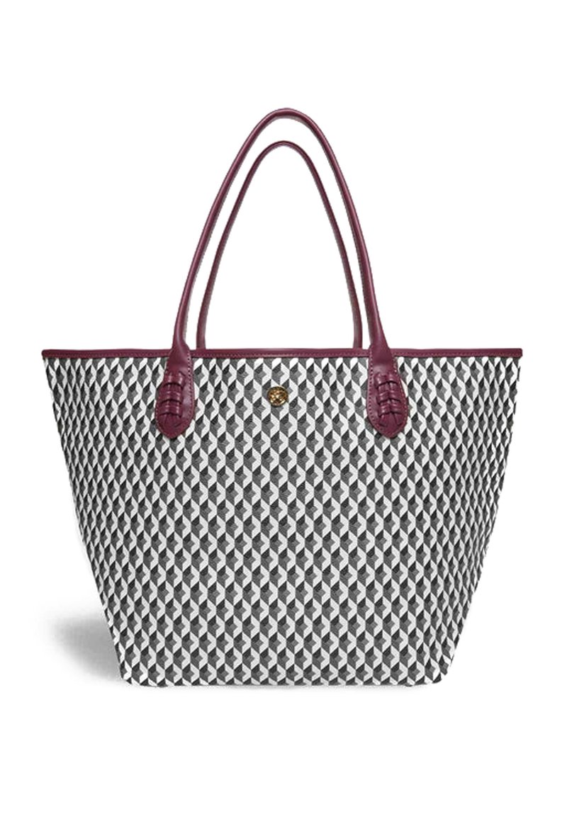 Tote bag featuring a geometric pattern in black and white, with burgundy leather handles and accents, made of durable woven material.