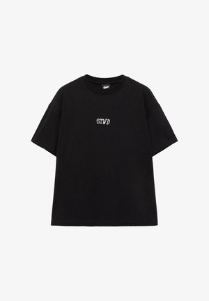 Black short-sleeve t-shirt with round neckline featuring small white "STWD" text centered on the chest.