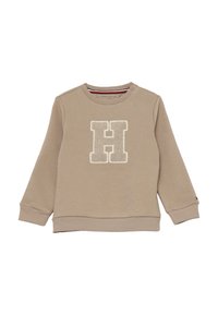 Felpa beige a maniche lunghe per bambini con polsini e orlo a costine, caratterizzata da una grande "H" in rilievo sulla parte frontale e un bottone a scatto vicino al collo.