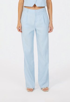 Light blue, tailored wide-leg pants made from a smooth fabric. Features two front pleats and a button closure at the waist.