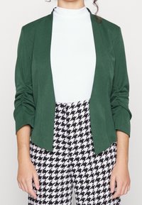 Zelený blejzr s mírně strukturovaným designem, dlouhými rukávy a nabíranými detaily. Spárovaný s kalhotami s černobílým kostkovaným vzorem.