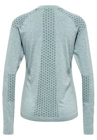 Helles blaues Langarm-Sweatshirt mit strukturiertem grünen Muster entlang der Schultern und der Mitte des Rückens, ausgestattet mit einem Rundhalsausschnitt und schmalen Ärmeln.