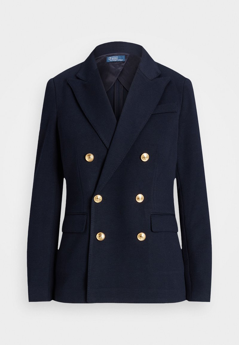 Tmavomodré dvojradové sako so šiestimi zlatými gombíkmi, zárezovými klopami, klopovými vreckami a štítkom Polo by Ralph Lauren vo vnútri goliera.