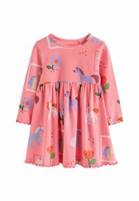 Rosa Langarmkleid für Kleinkinder mit gerafftem Bund, verziert mit bunten Einhörnern, Blumen und umrahmten Tierillustrationen.