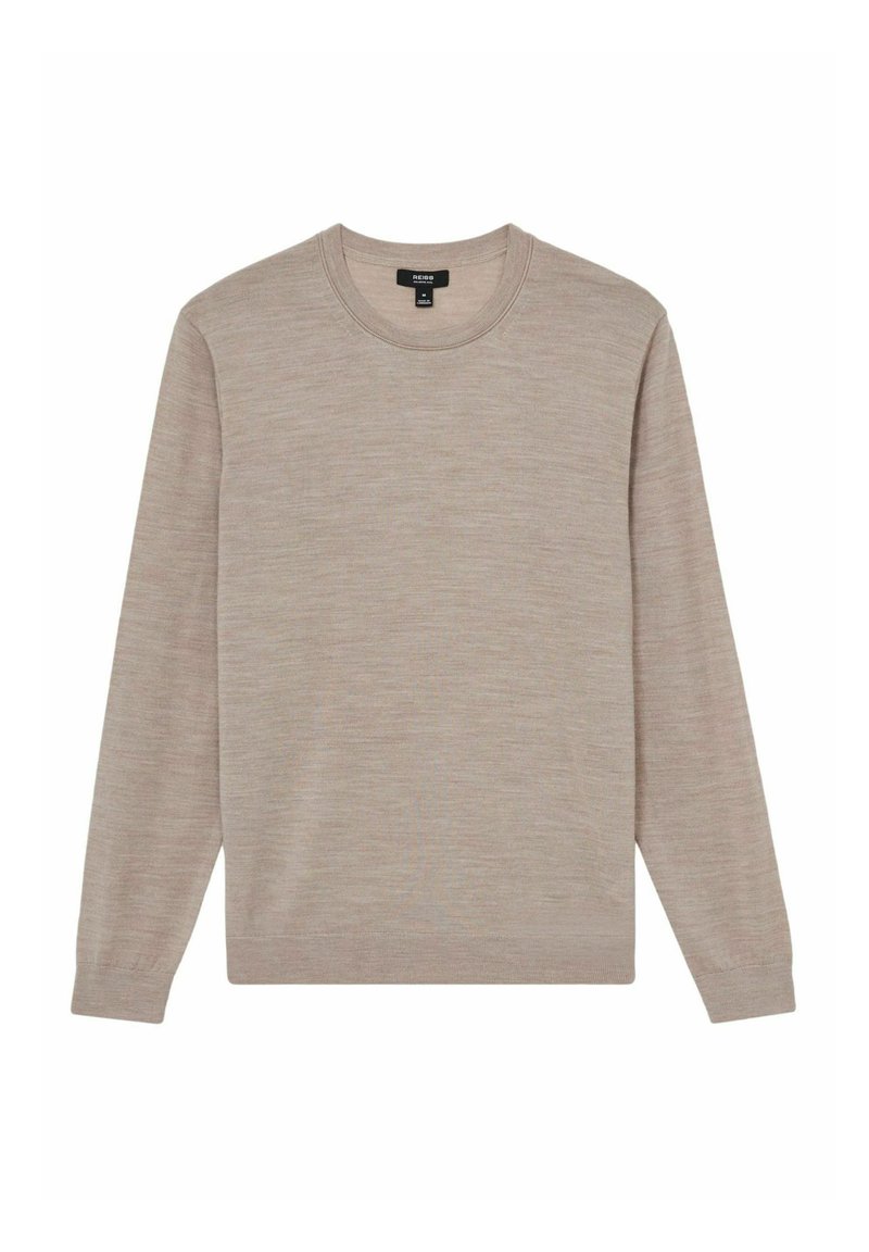 Helle beige Langarmpullover mit rundem Ausschnitt, weichem Griff, glattem Stoff und ohne Muster oder Akzente. Geeignet zum Schichten.