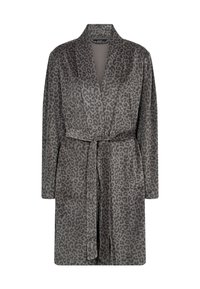 Læderjakke med leopardmønster i grå og sort. Fremstillet af blødt stof, har en sjalkrave, lange ærmer og et bælte i taljen.