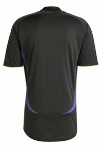 Zwarte sporttrui met korte mouwen, verticale streepjes en paarse accenten aan de zijkanten. Heeft een rond decolleté en een sportieve pasvorm.