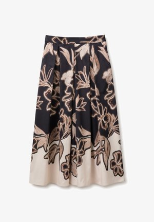 Midi zwarte rok met beige bloemenprint en plooien, vervagend naar een effen beige zoom.