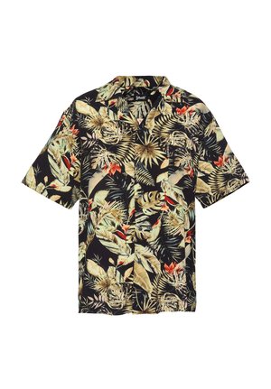 Chemise noire à manches courtes à boutons avec un motif tropical de feuilles et de fleurs rouges, beiges et vertes.