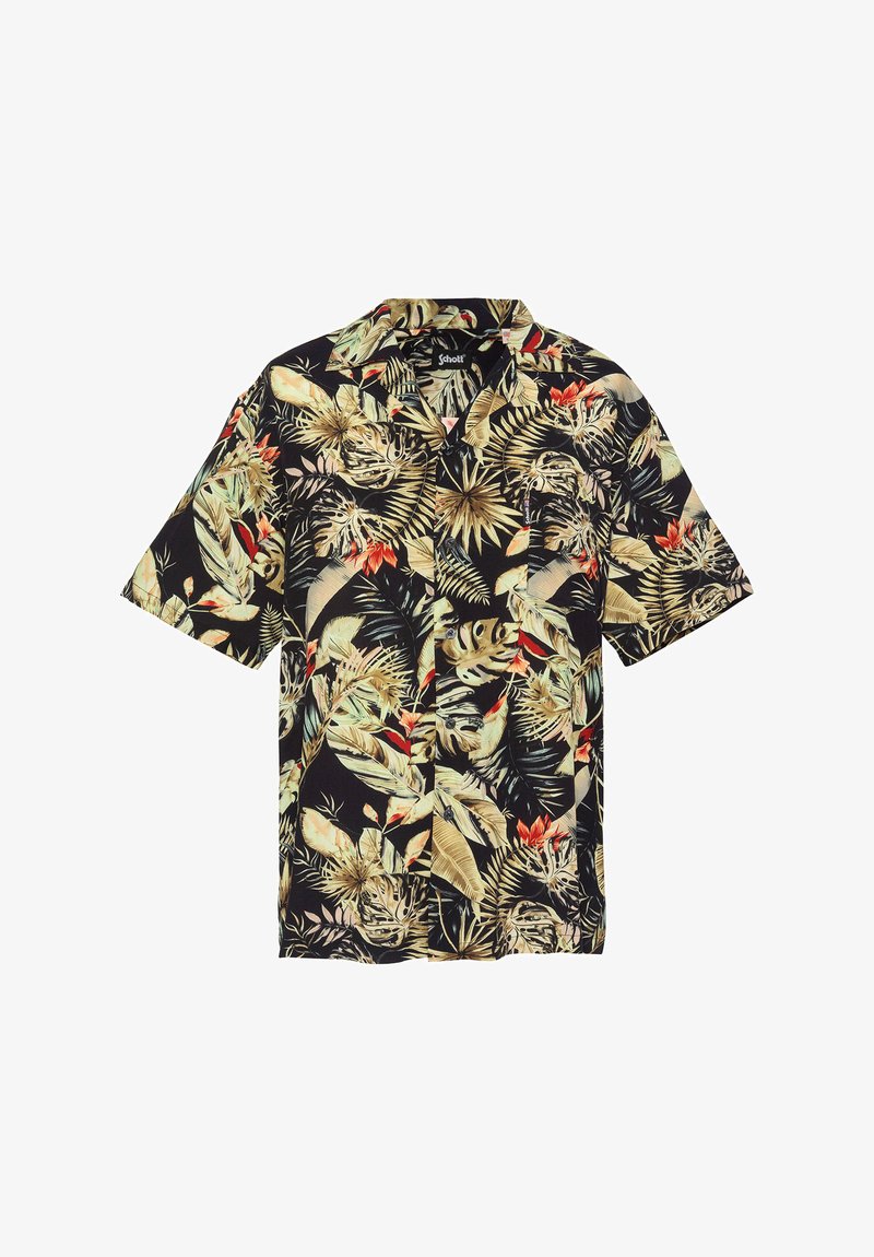 Chemise noire à manches courtes à boutons avec un motif tropical de feuilles et de fleurs rouges, beiges et vertes.