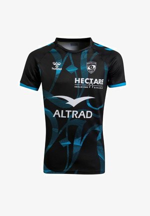 Maglia da rugby nera con accenti e motivi blu, con loghi di Hummel, Montpellier Rugby, Hectare e Altrad. Maniche corte, scollo rotondo.
