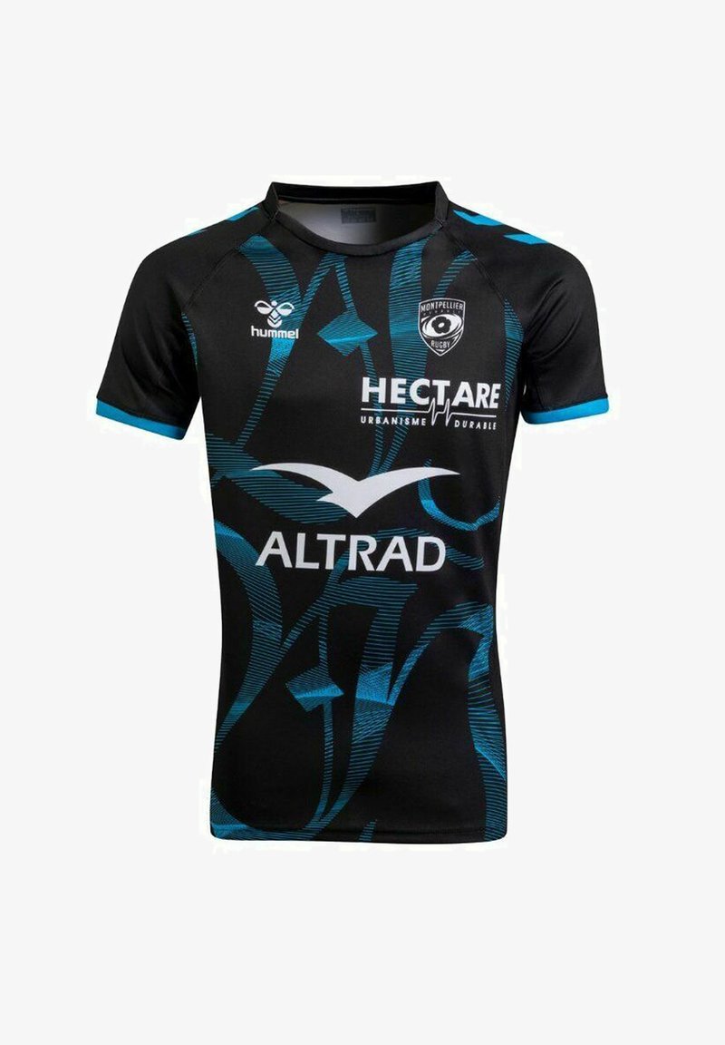 Maillot de rugby noir avec accents et motifs bleus, présentant les logos de Hummel, Montpellier Rugby, Hectare et Altrad. Manches courtes, col rond.