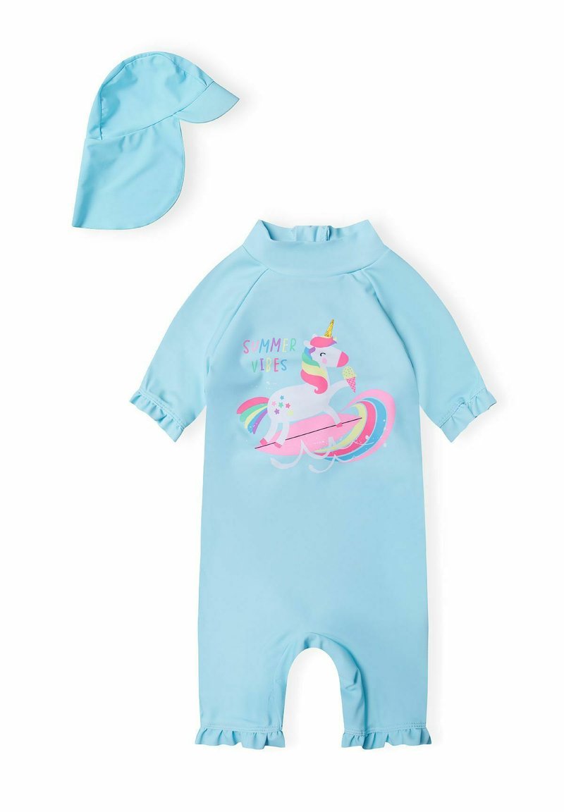 Maillot de bain léger bleu avec protection UV, à manches courtes, avec des volants aux poignets et un design de licorne. Comprend un chapeau de soleil bleu assorti.