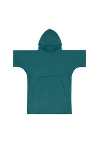 Türkise, übergroße Kapuzenjacke mit Kordelzug, geräumiger Fronttasche und lockerer Passform. Hergestellt aus weichem Stoff und mit minimalem Branding.