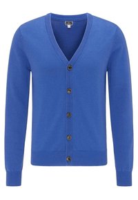 Blå cardigan med V-ringning, långa ärmar och fem bruna knappar fram. Mjuk tygstruktur med ribbad nederkant och ärmslut.