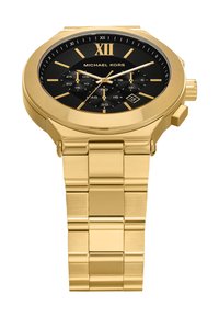 Orologio cronografo dorato con quadrante nero, numeri romani e bracciale in metallo con finiture lucidate e spazzolate.