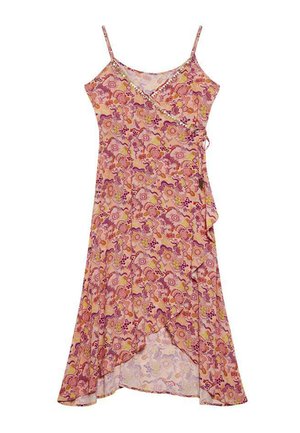 Vestido rosa con estampado floral, tirantes finos, escote en V, dobladillo asimétrico y un detalle en volantes en el costado. Tejido suave y ligero.