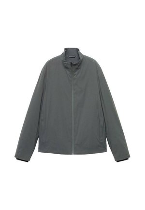 Gray lightweight jacket with a high collar, full front zipper, long sleeves, and a smooth texture. Minimalistic design with no visible patterns.