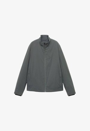 Graue leichte Jacke mit hohem Kragen, durchgehendem Reißverschluss, langen Ärmeln und glatter Textur. Minimalistisches Design ohne sichtbare Muster.