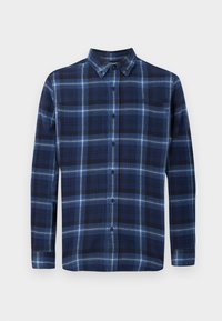 Men's long-sleeve button-down shirt in dark blue and light blue plaid pattern, cotton fabric, classic collar, and front button closure.