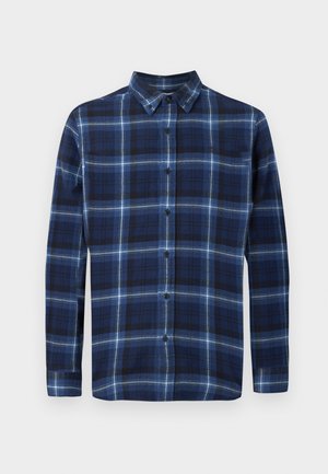 Camisa de botones de manga larga para hombre en patrón de cuadros en azul oscuro y azul claro, fabricada en algodón, con cuello clásico y cierre frontal de botones.