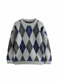 Grau gestrickter Pullover mit einem argyle Muster in Marineblau und Dunkelgrau. Klassischer Rundhalsausschnitt und gerippte Manschetten. Weicher Griff, mittlere Dicke.