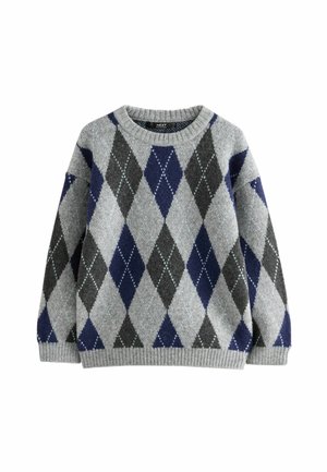 Grau gestrickter Pullover mit einem argyle Muster in Marineblau und Dunkelgrau. Klassischer Rundhalsausschnitt und gerippte Manschetten. Weicher Griff, mittlere Dicke.