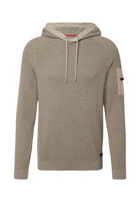 Beige gestrickter Hoodie mit einem strukturierten Muster, Kordelzugkapuze und einem Patch am linken Ärmel. Rippstrickbündchen und -saum.