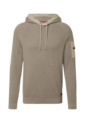 Haut à capuche en tricot beige avec un motif texturé, capuche avec cordon de serrage et un patch sur la manche gauche. Poignets et ourlet côtes.