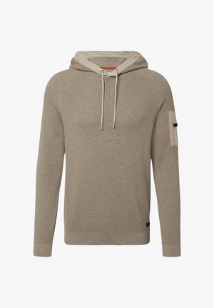 Bež kudumipullover, millel on tekstuuriline muster, reguleeritava kapuutsi ja vasakul varrukal paiknev õmblus. Ribitud mansetid ja äär.