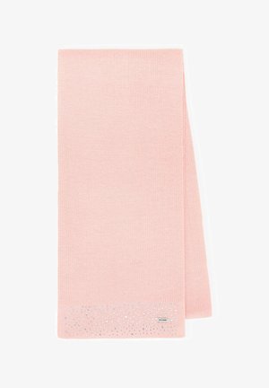 Écharpe en tricot rose avec une texture lisse, ornée d'un motif ponctué de petits strass le long du bord inférieur et d'une étiquette logo.