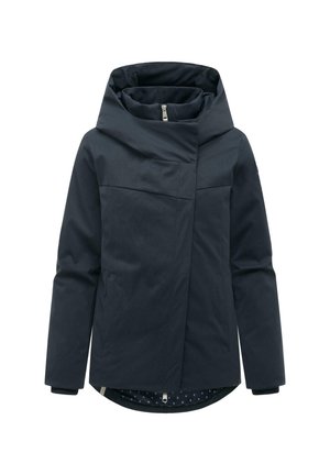 Veste d'hiver bleu marine foncé à capuche avec fermeture éclair asymétrique sur le devant et manches longues, conçue pour temps froid.