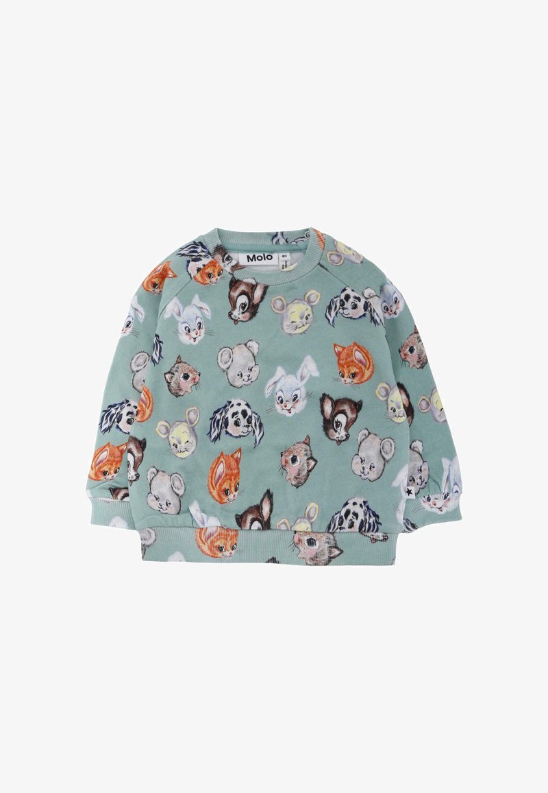 Felpa verde menta con volti di animali in diversi colori. Presenta polsini e orlo a coste. Texture morbida, design dalla vestibilità rilassata.