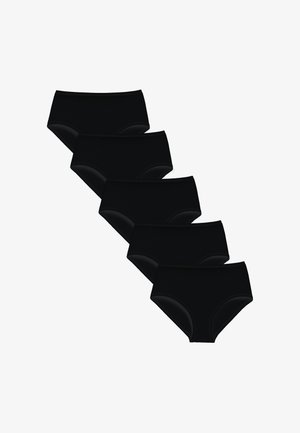 Set di underwear hipster in cotone nero. Presenta una finitura liscia, cintura elastica e senza cuciture visibili, composto da cinque paia.