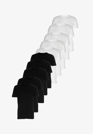 Fem sorte og fem hvide ensfarvede T-shirts med rund hals og korte ærmer arrangeret i en trappestillet lodret linje.