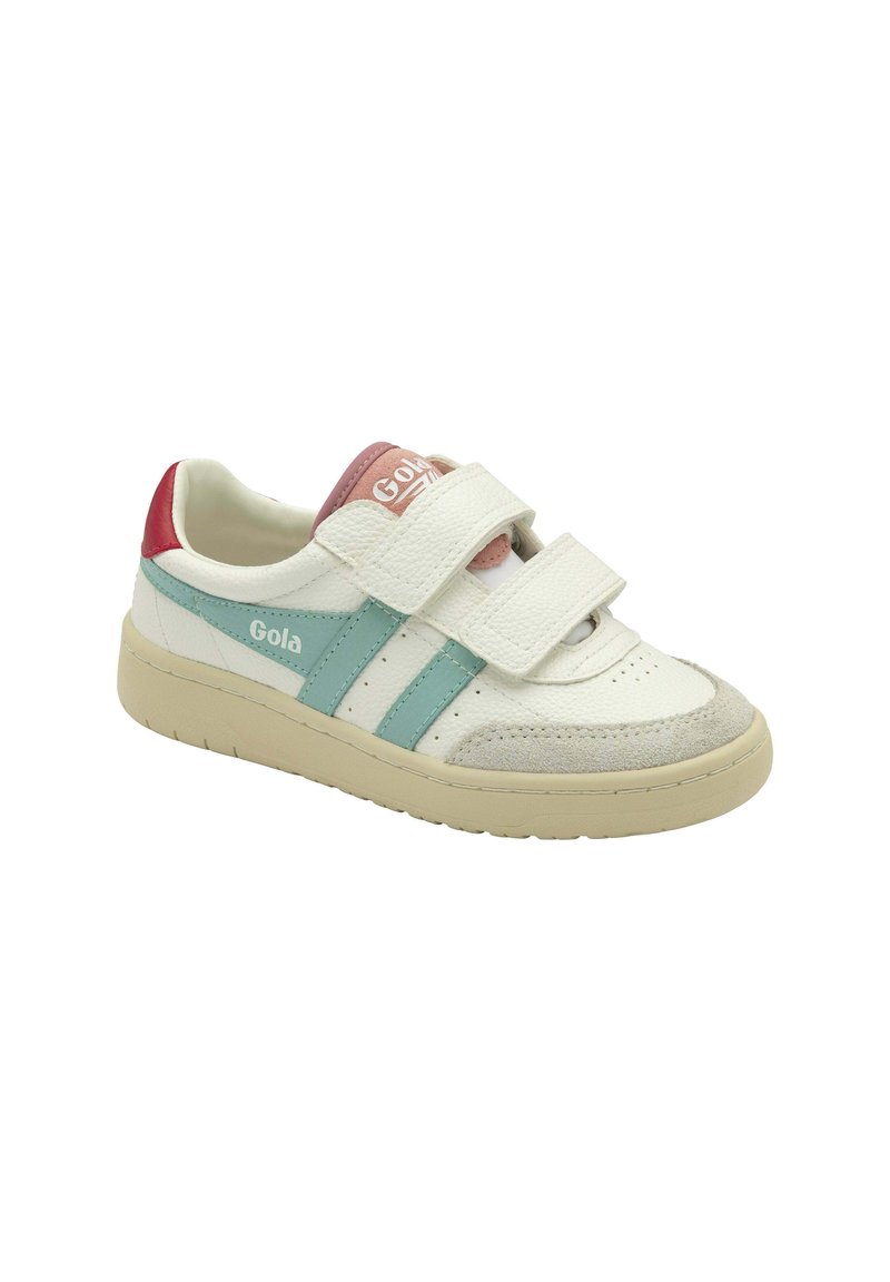 Vit Gola-sneaker med tealränder, vinröd häl, rosa tunga, beige sula och två kardborreband för fastsättning.