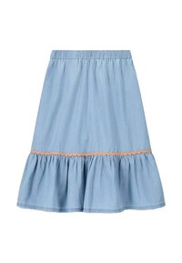Jupe en denim bleu clair avec une taille élastique et un ourlet volanté. Présente une bordure orange à motif festonné près du bas.