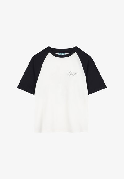 Witte en marineblauwe katoenen t-shirt met een raglanmouw ontwerp, voorzien van een subtiel geborduurd "Kenzo" logo aan de voorkant.