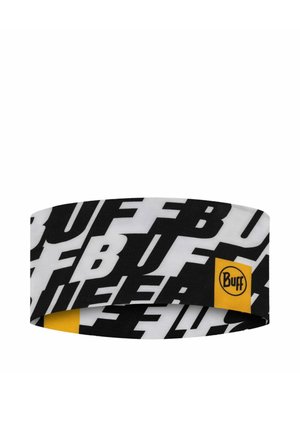 Black and white headband with repeating bold "BUFF" text and a small yellow square tag displaying the Buff logo on the side.