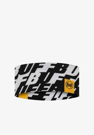 Black and white headband with repeating bold "BUFF" text and a small yellow square tag displaying the Buff logo on the side.
